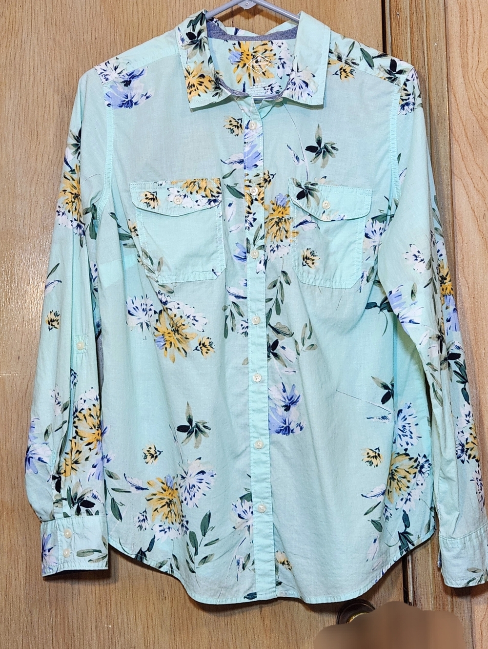 St John's Bay Mint Green Floral Top Womens Lrg 100% Cotton Button-up Shirt - Picture 2 of 7